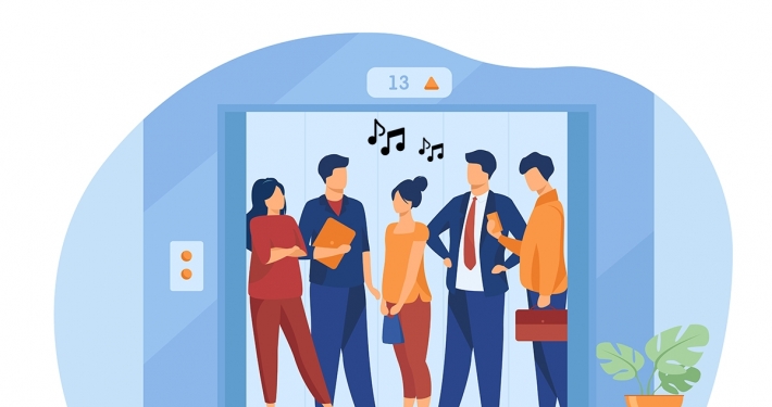 Ilustración con personajes en ascensor