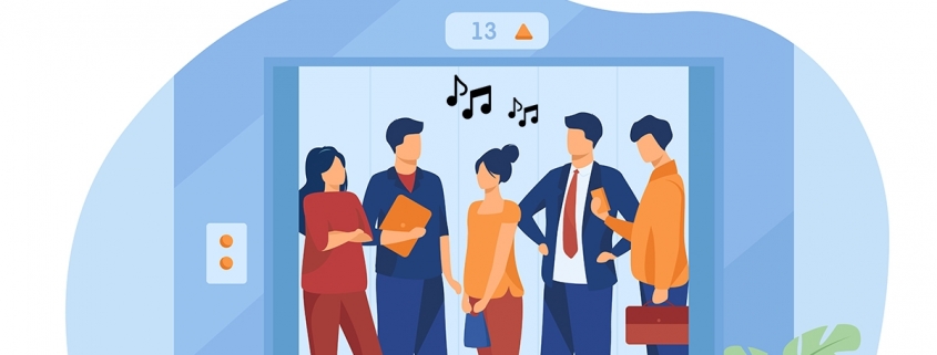 Ilustración con personajes en ascensor